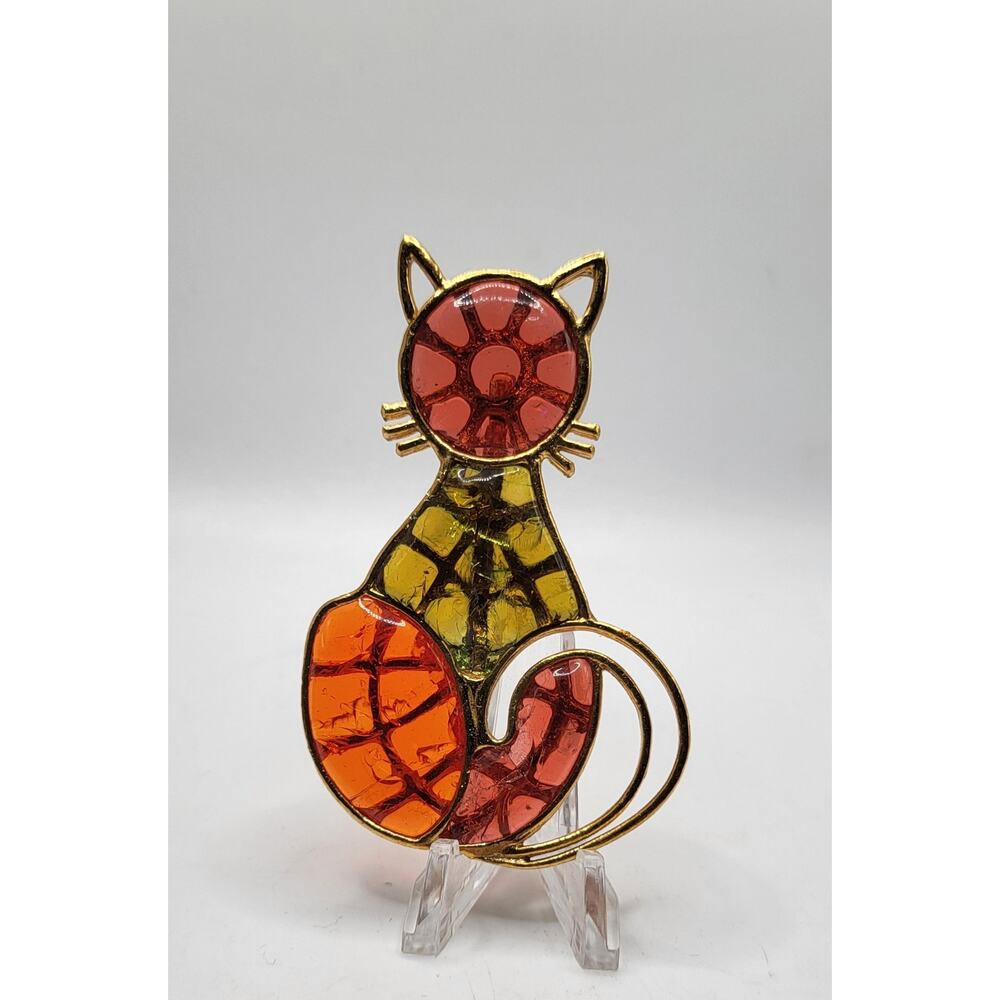 Vintage MCM Mosaic Glass Cat Brooch Gold Tone 1960s